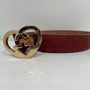 Gucci Guccisima Red Interlocking G Heart Gold Buckle Embossed Leather Belt  34